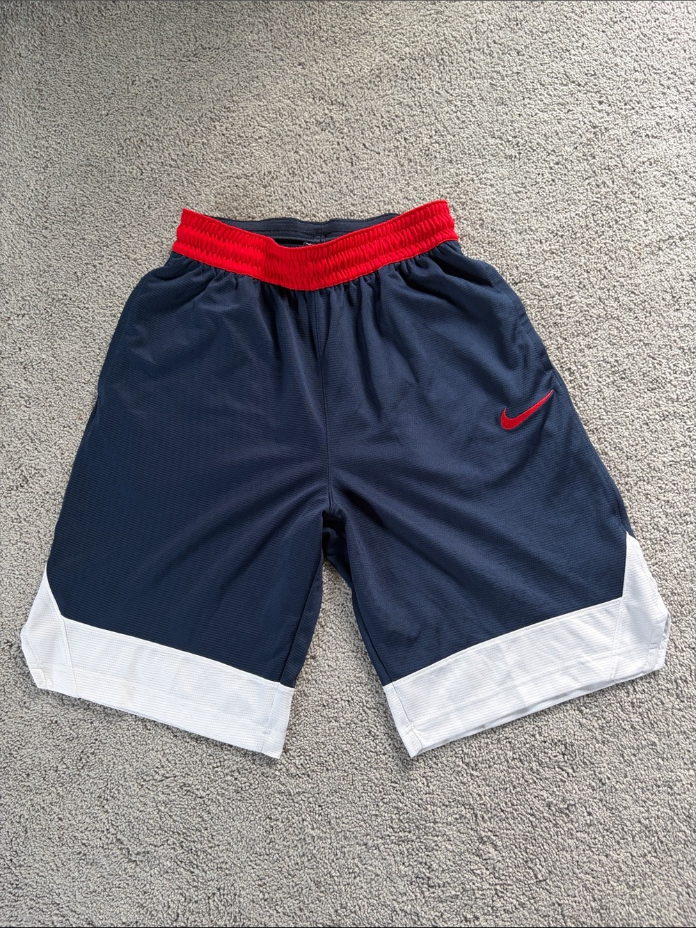 Nike Men’s Navy Athletic Shorts with Red Waistband and White Hem